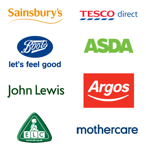 retailer-logos-updated Logos for Sainsbury's, Boots, Asda, Tesco Direct, John Lewis, Argos, Early Learning Centre and Mothercare.