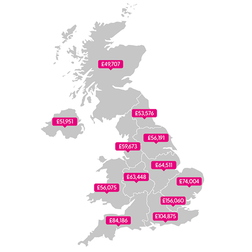 equity-release-map-uk-2017 A map of the United Kingdom, highlighting the average amount homeowners had avaialble to release by region
