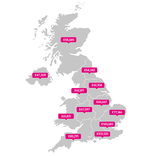 equity-release-average-uk-map-500x500 A map of the United Kingdom showing the average amount borrowed equity release across many regions