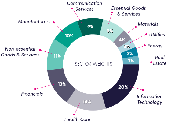 Pie chart showing breakdown to sectors in the MSCI World Index