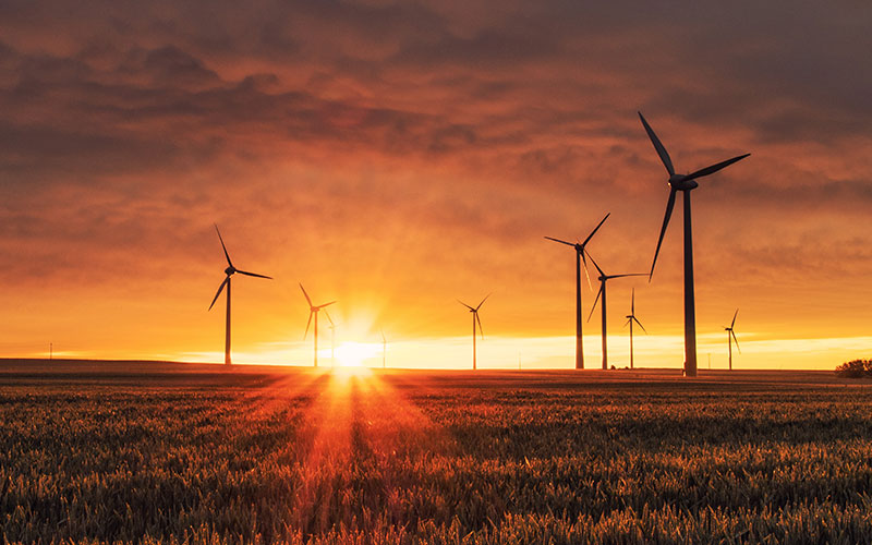 Orange sun setting over a wind farm.