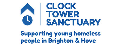 A logo for the Clock Tower Sanctuary stating that they support young homeless people in Brighton & Hove.