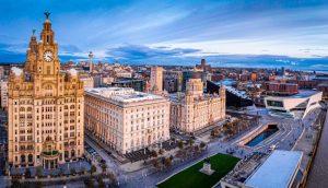 Aerial view of Liverpool buildings