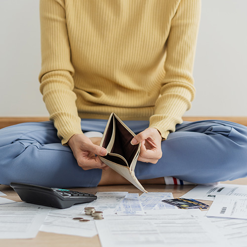 Stressed, Problem business person woman holding and open empty wallet, purse no have money for bill payment, credit card loan or expense. Bankruptcy, bankrupt or debt financial, mortgage concept.