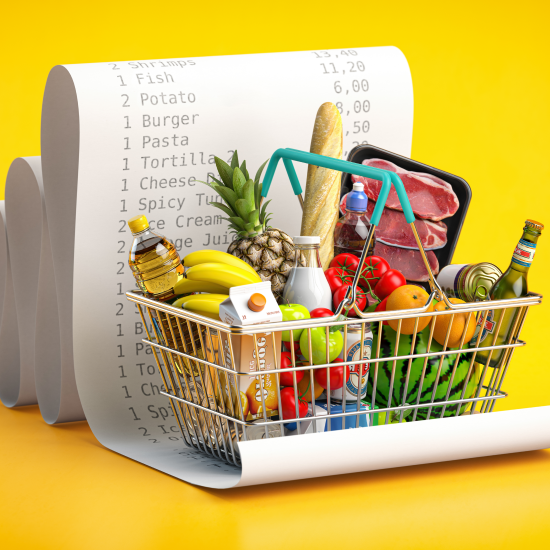 Basket of food with a large supermarket receipt behind