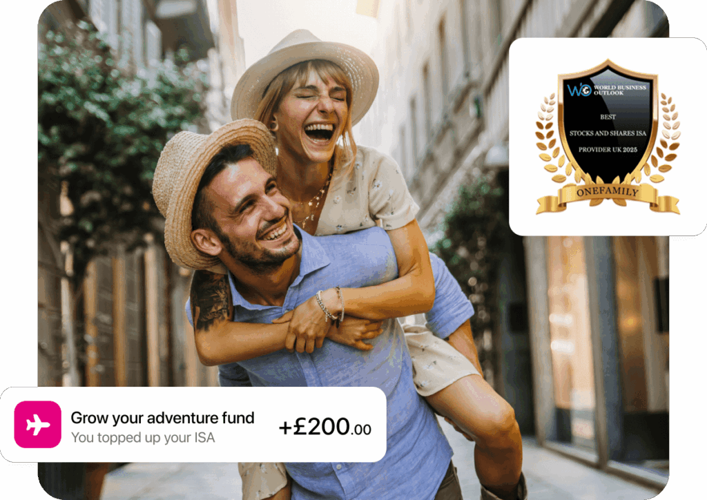 A happy couple on holiday in a sunny street. On-screen graphics show an adventure fund top-up of £200 and an award badge for best ISA provider.
