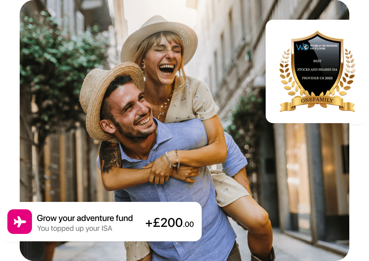 A happy couple on holiday in a sunny street. On-screen graphics show an adventure fund top-up of £200 and an award badge for best ISA provider.
