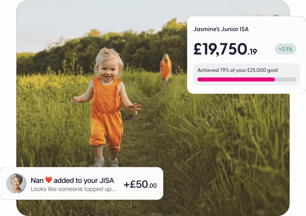 Child and parent running in a field, with graphics showing a Junior ISA balance of £19,750 and a £50 top-up from a family member.