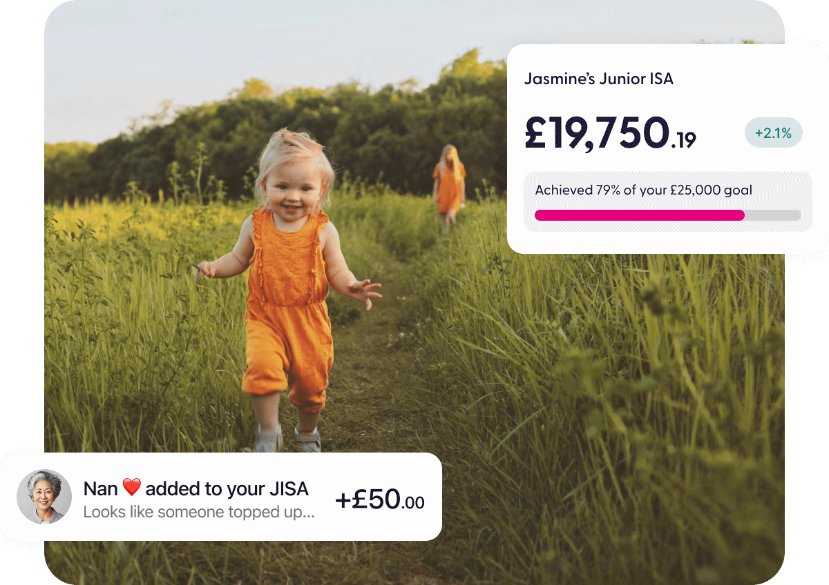 Child and parent running in a field, with graphics showing a Junior ISA balance of £19,750 and a £50 top-up from a family member.