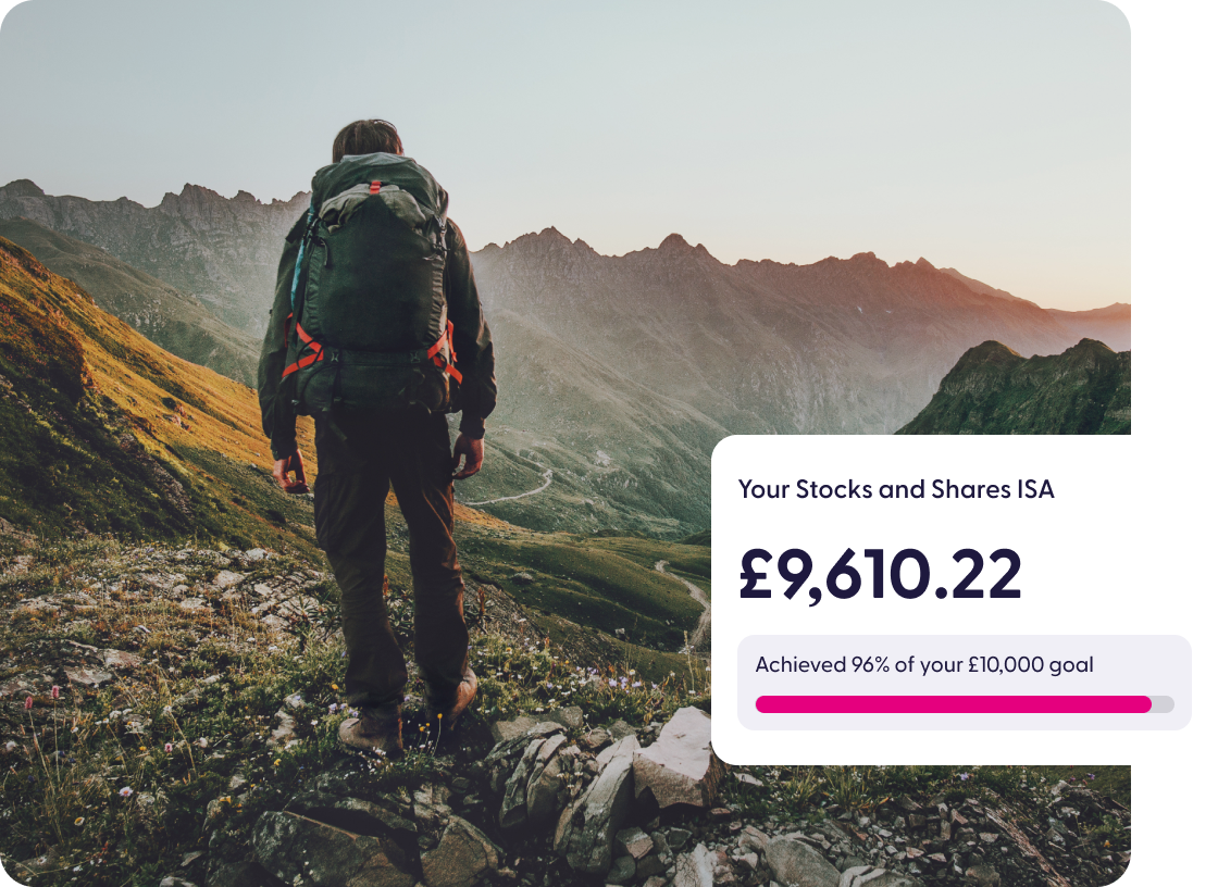 Person with a large backpack standing on a rocky mountain trail at sunrise, with ISA savings goal overlay.