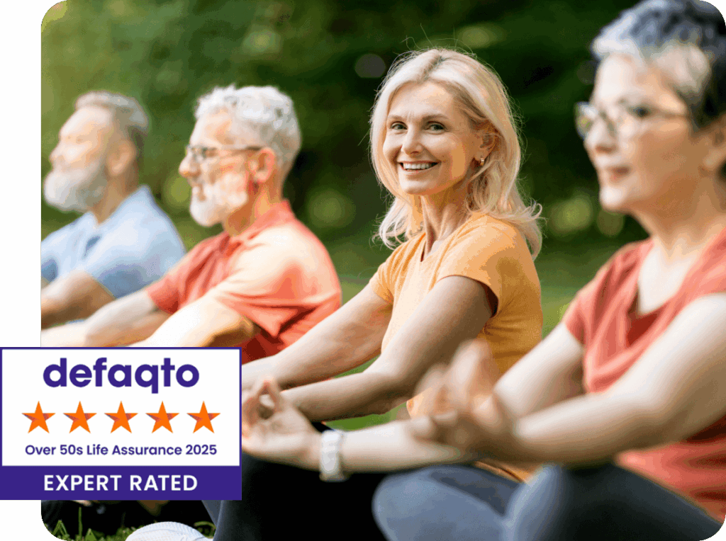 People doing yoga outdoors. A graphic shows a Defaqto 5-star rating for Over 50s Life Assurance 2025.