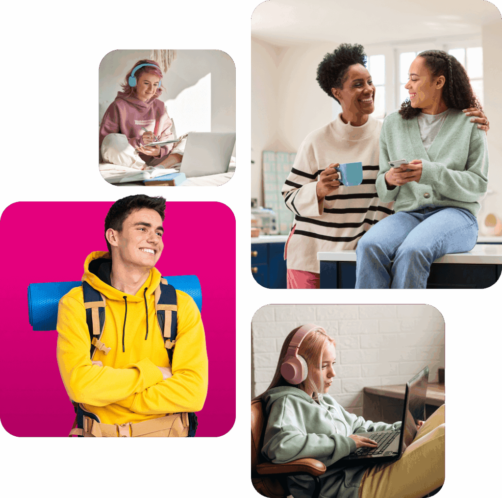 Collage of people relaxing with laptops, chatting over coffee, and wearing backpacks