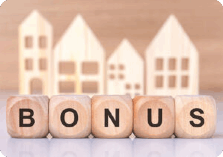 Wooden blocks spelling BONUS in front of small wooden house.