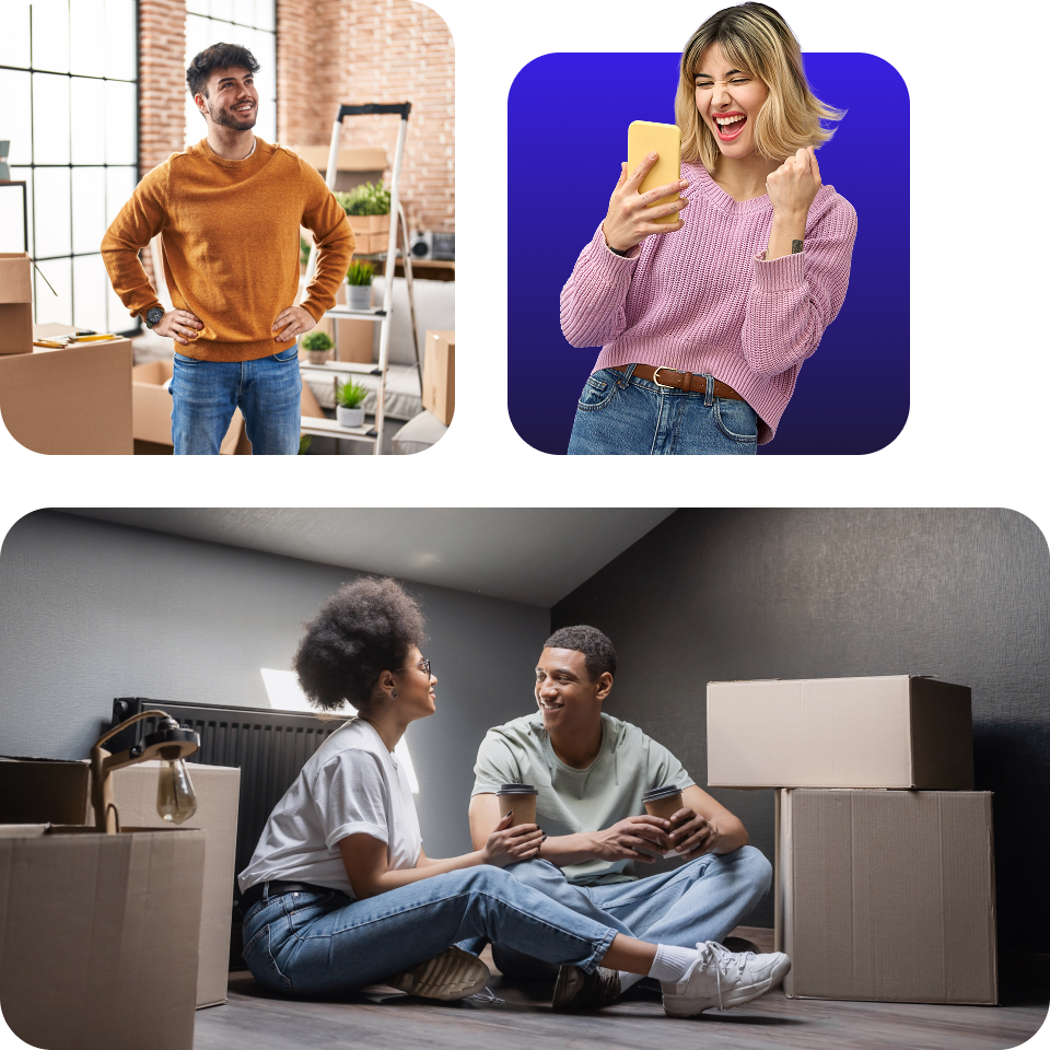Collage of people moving boxes, sitting with coffee, and checking a phone