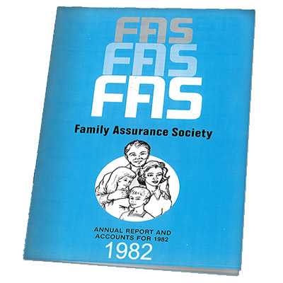 A blue booklet dated to 1982 for the Family Assurance Society. In the centre is an outline drawing of a family, consisting of a mother, father, daughter and son.